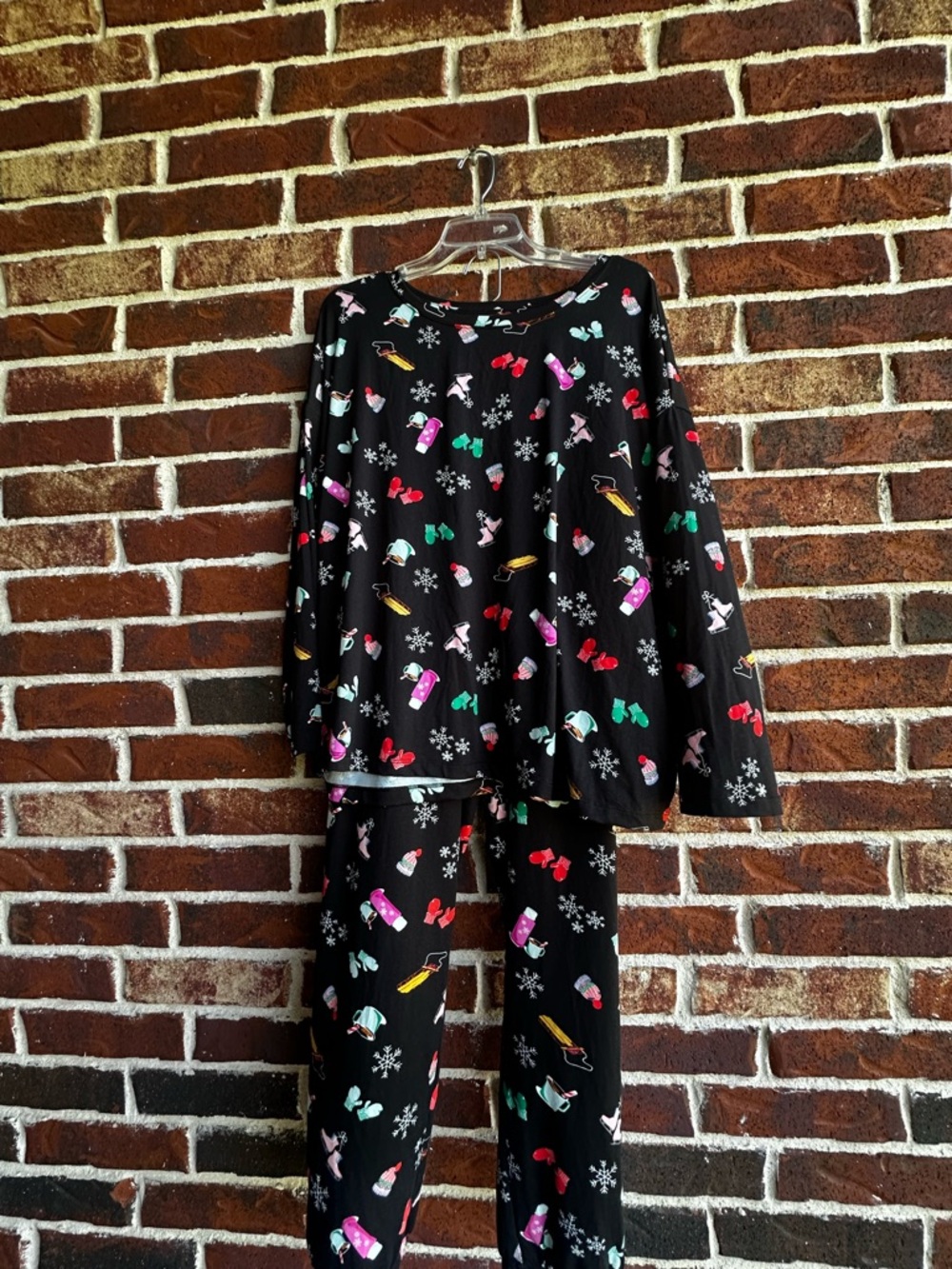 Women’s  Black Holiday Pajama Set with Colorful Winter Icons